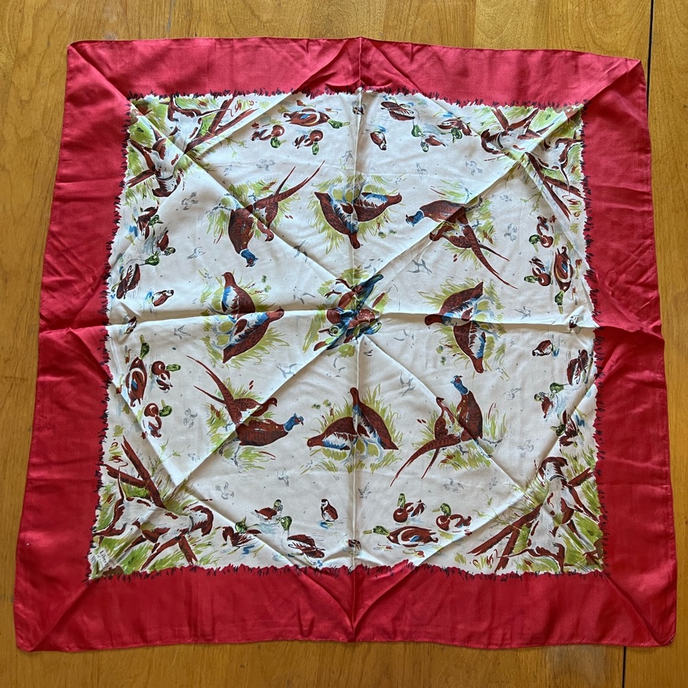 Liberty of London vintage silk scarf / Hounds ducks pheasants in red 27in